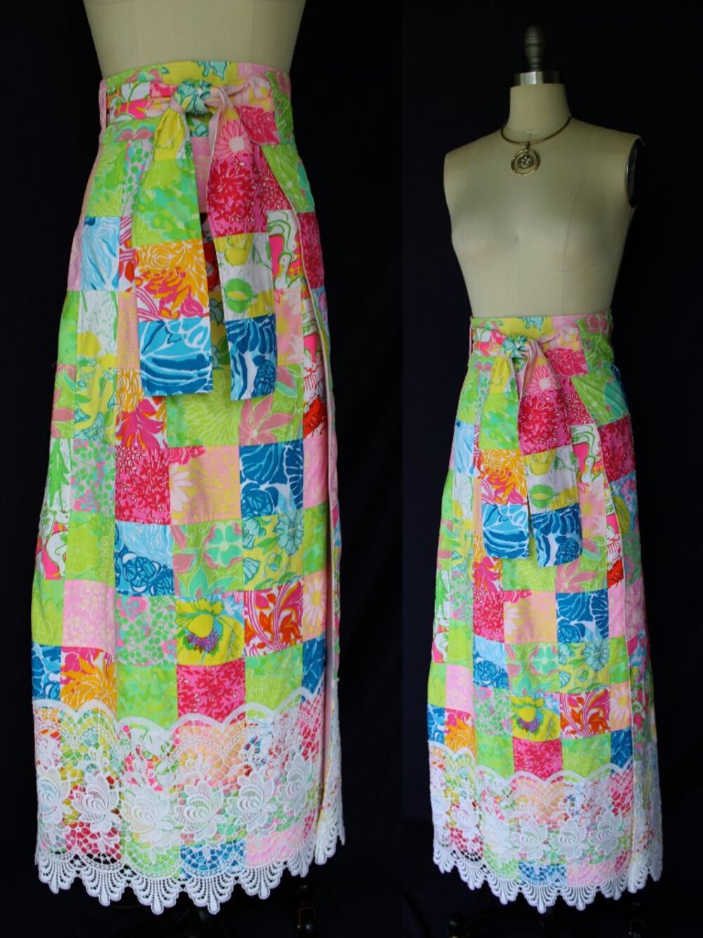Rare custom Lilly Pulizer maxi long dress skirt patchwork wrap vintage lace s